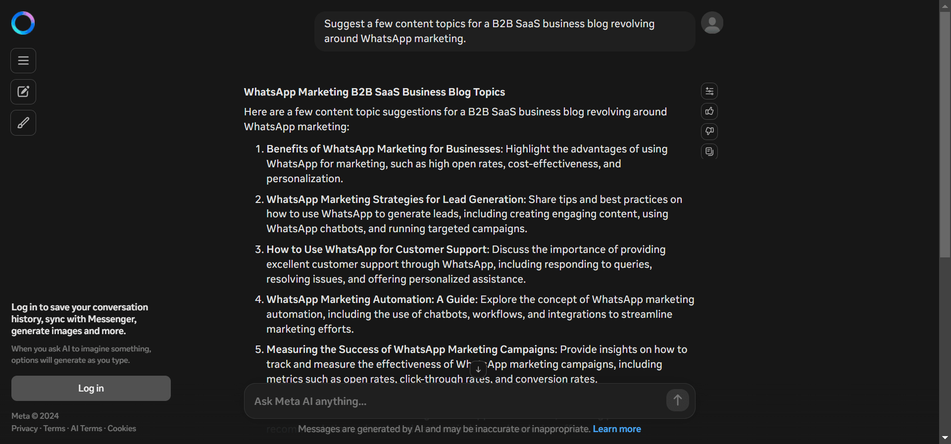 A list of content topics suggested by Meta AI. 