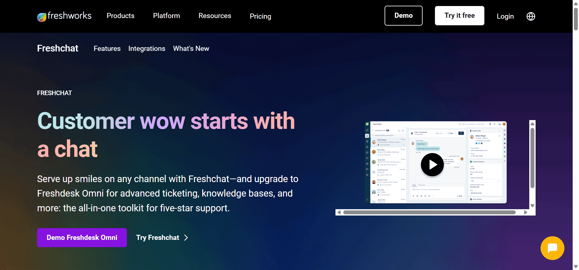 Home page of Freshchat, a customer messaging alternative to Interakt.
