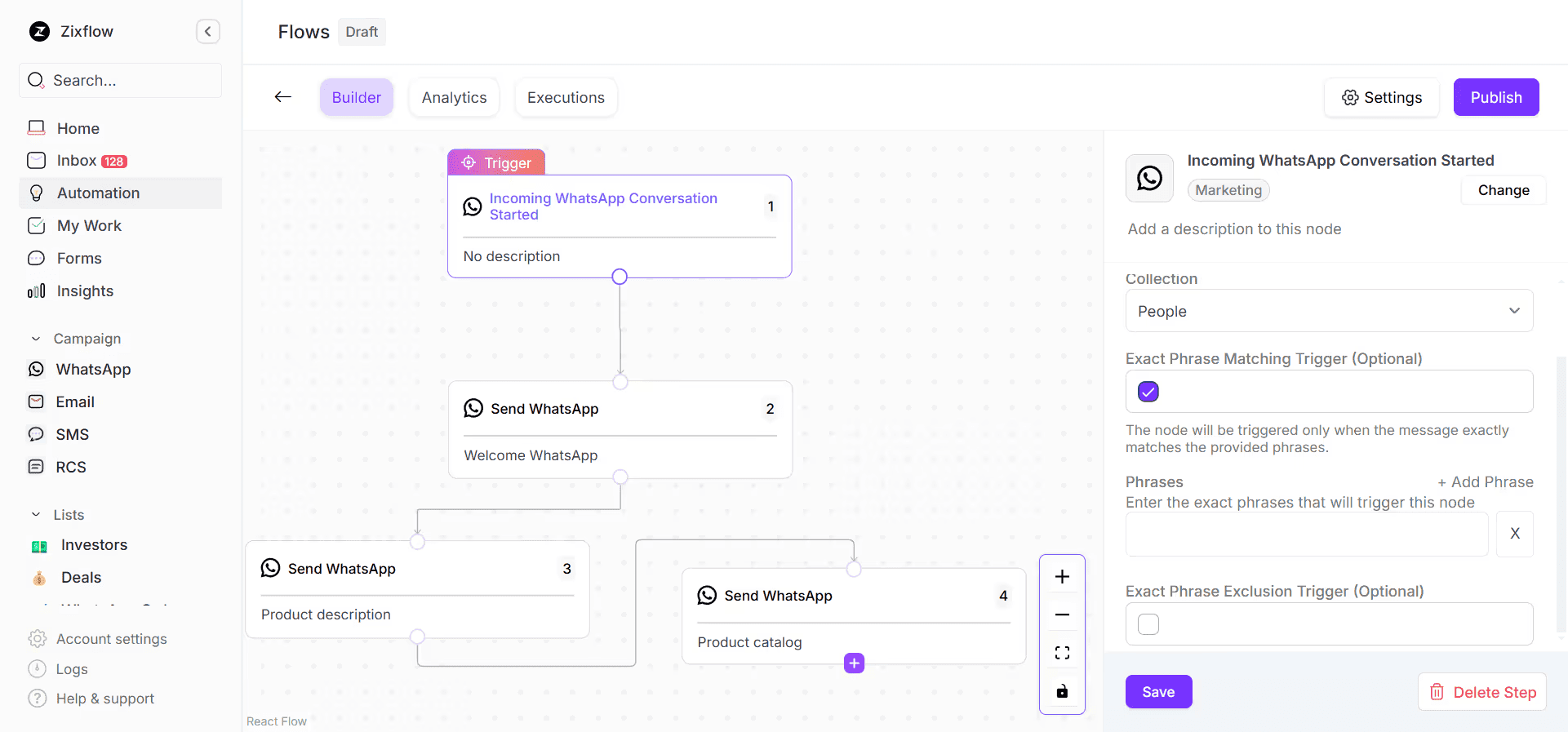 A visual WhatsApp chatbot builder within Zixflow.