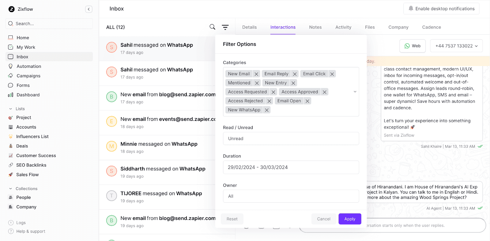 Zixflow’s unified inbox to manage your incoming chats.