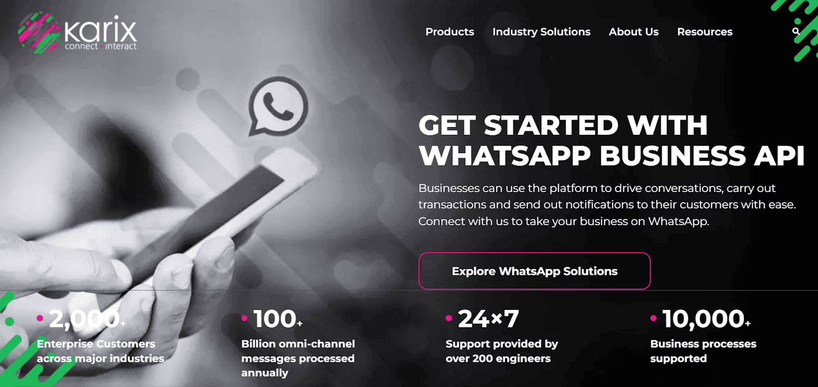 Homepage of Karix, a WhatsApp Business platform.