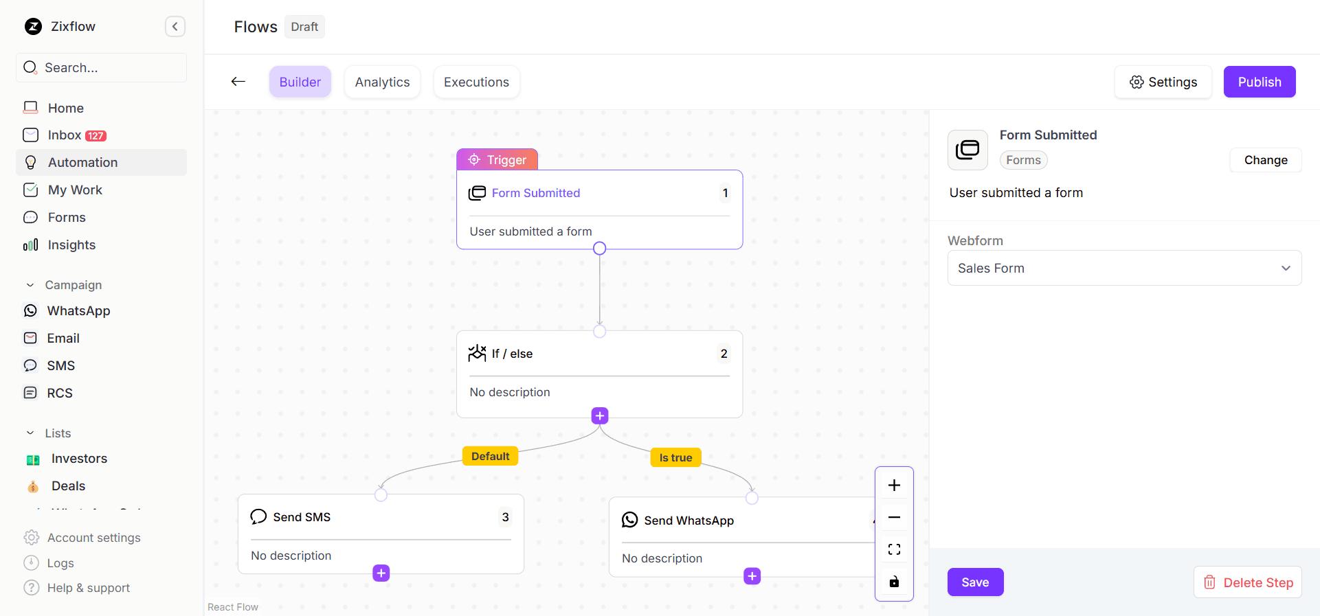 The drag-and-drop automation builder of Zixflow.