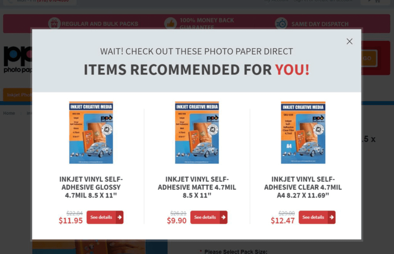  An example of a pop-up containing recommended products. 