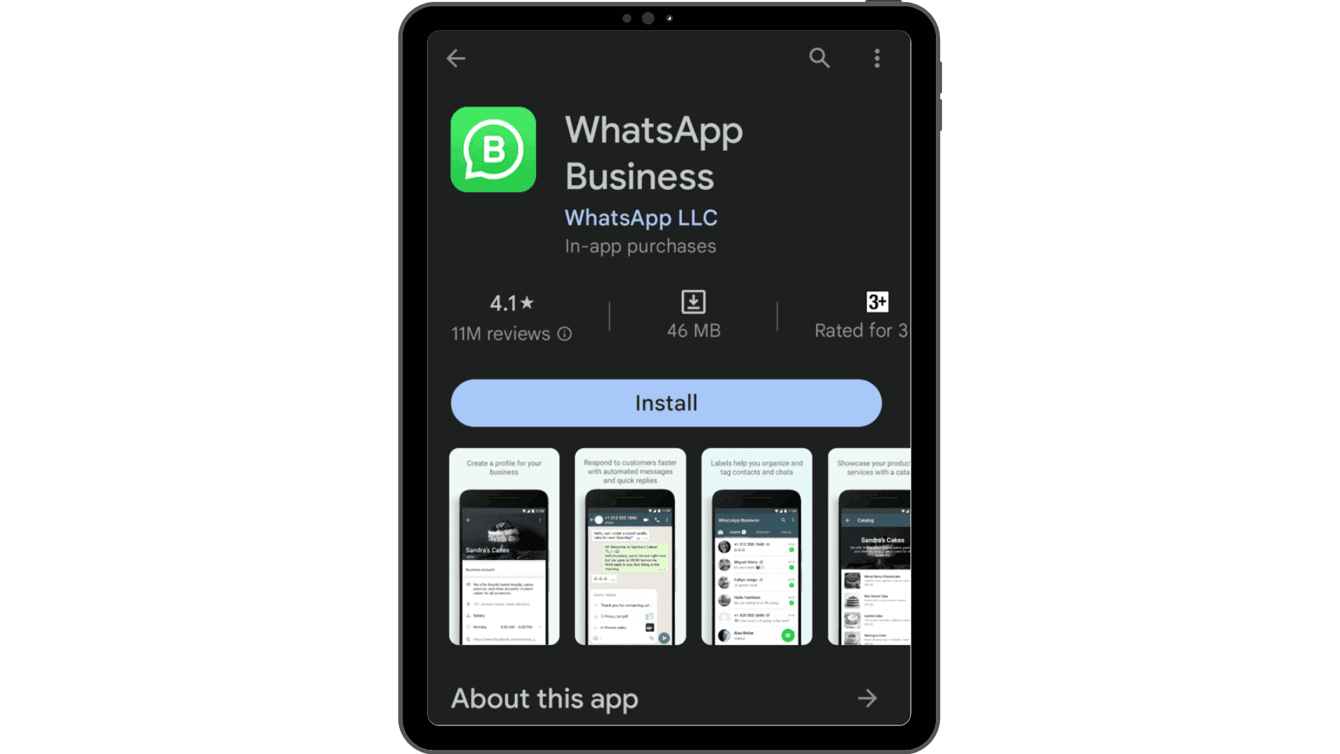 Download page of the WhatsApp Business App on Google Play Store.