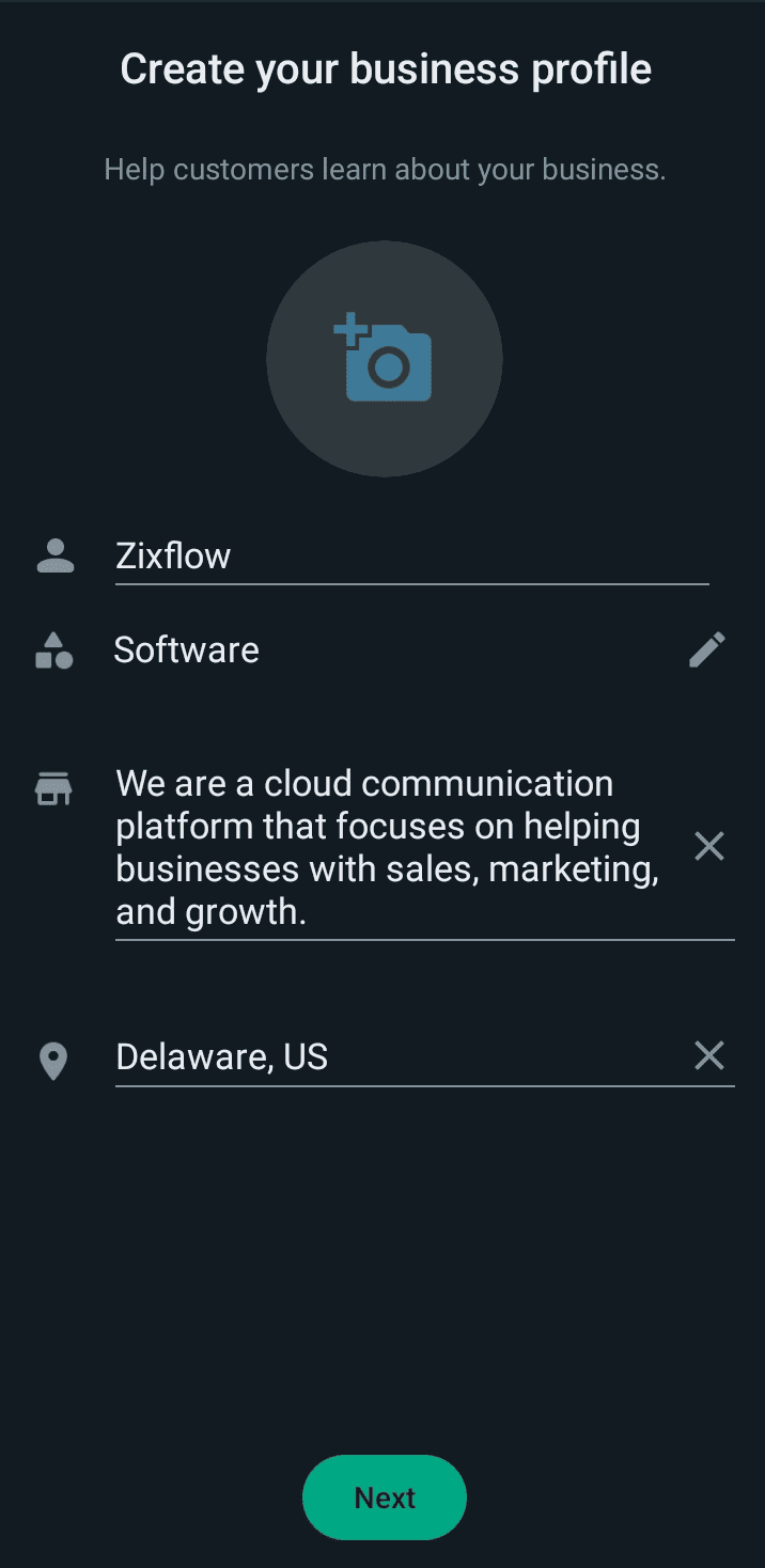 The WhatsApp Business profile screen in the WhatsApp Business App.