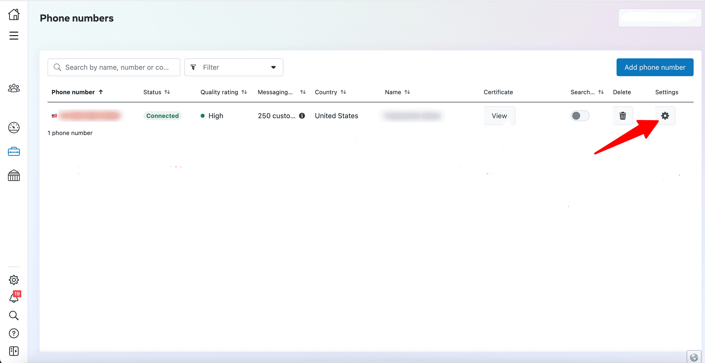 The Settings icon in the Phone Number section within the WhatsApp Manager. 