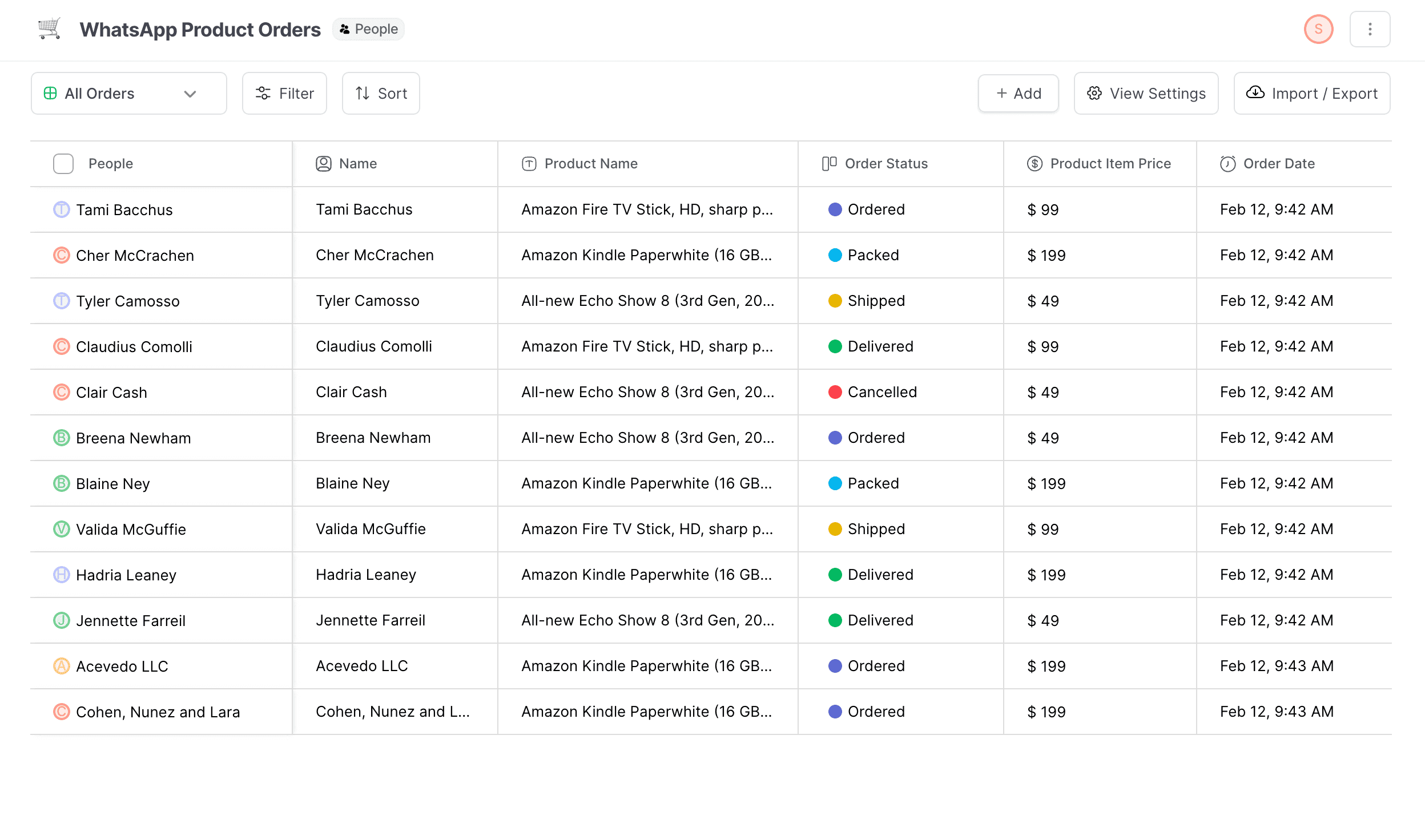 WhatsApp orders list in Zixflow where you can track all your purchases easily.