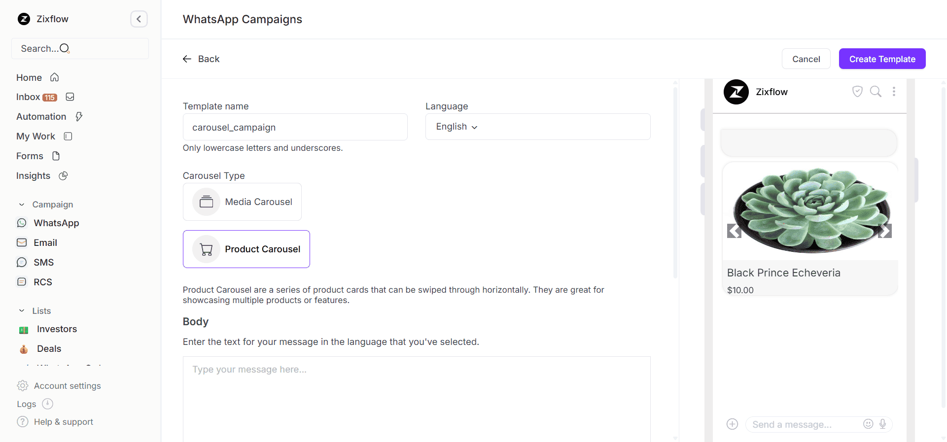 WhatsApp carousel message template builder within Zixflow.