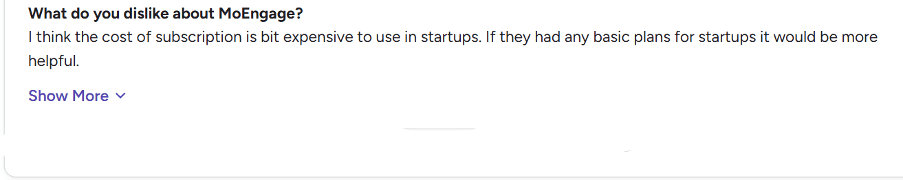  A user’s review on G2 about MoEngage’s cost.