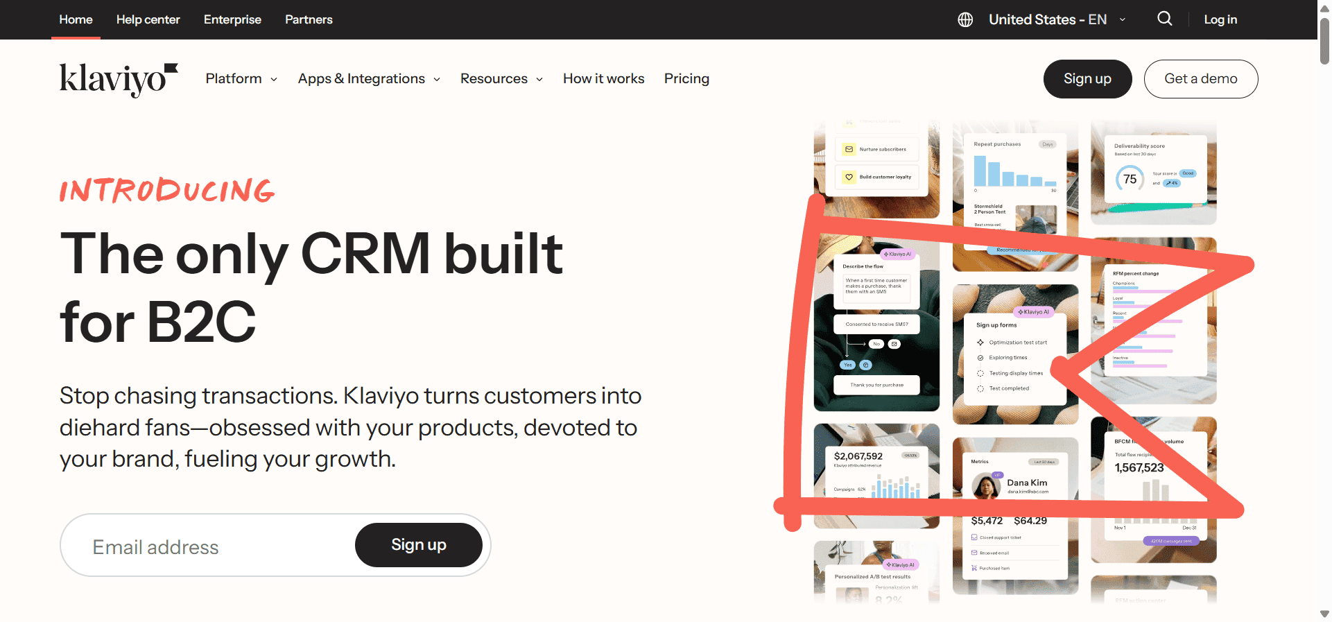 Homepage of Klaviyo, a MoEngage competitor for e-commerce businesses.