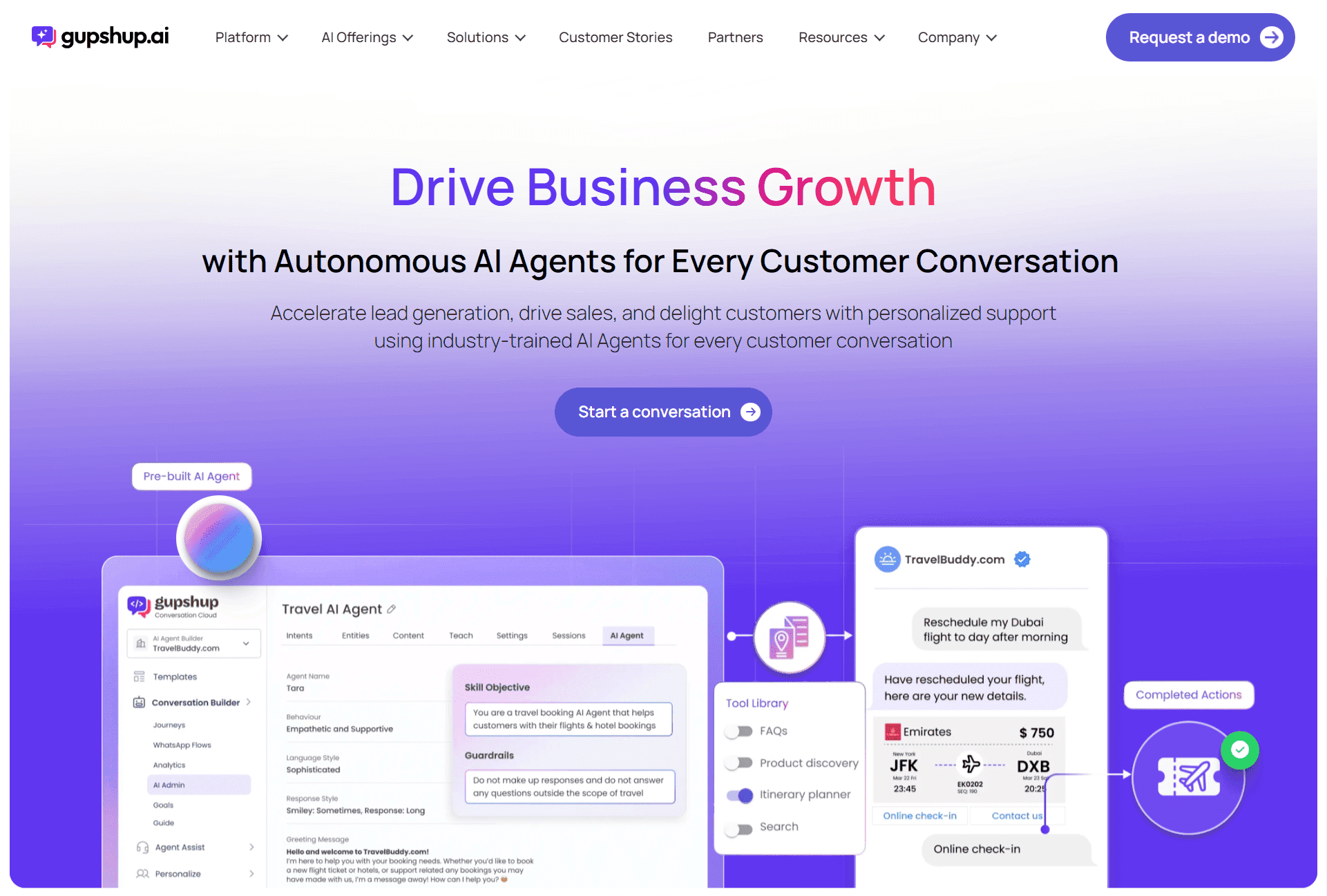 Homepage of Gupshup, a WhatsApp automation and AI agents provider.
