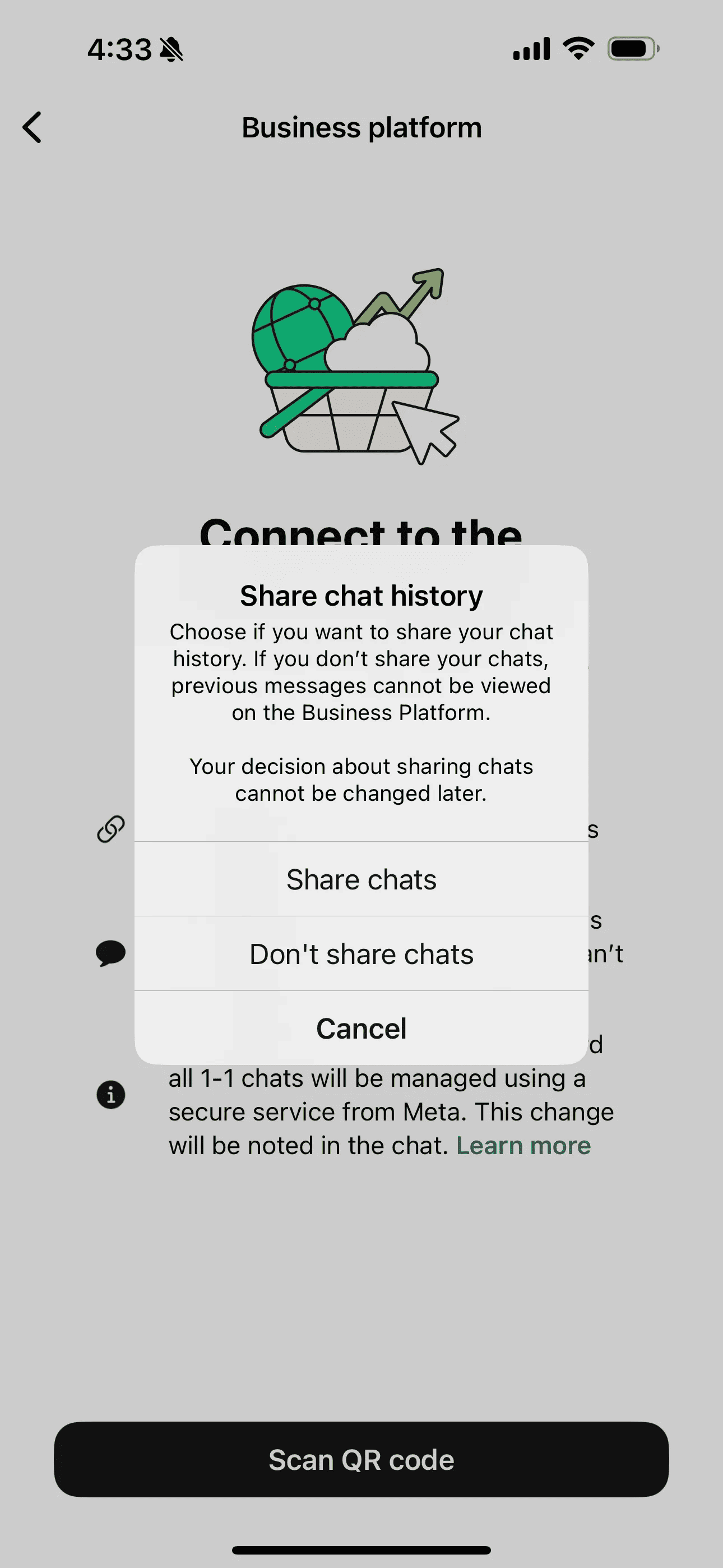 The Share Chat pop-up asking for permission from a business to share chat history. 