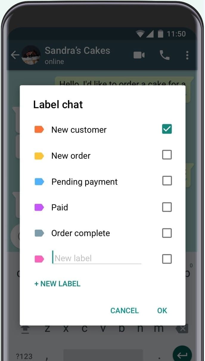  A list of WhatsApp Labels saved in the WhatsApp Business app.