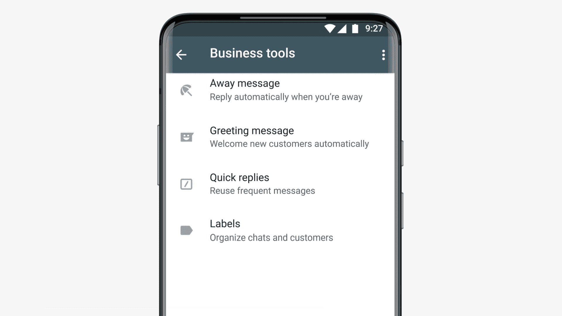 WhatsApp Business tools settings with Labels option.
