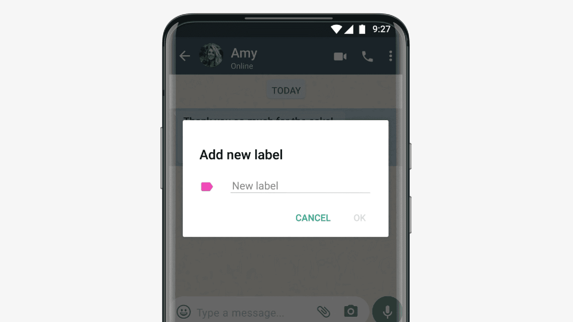 Add new label screen in the WhatsApp Business app.