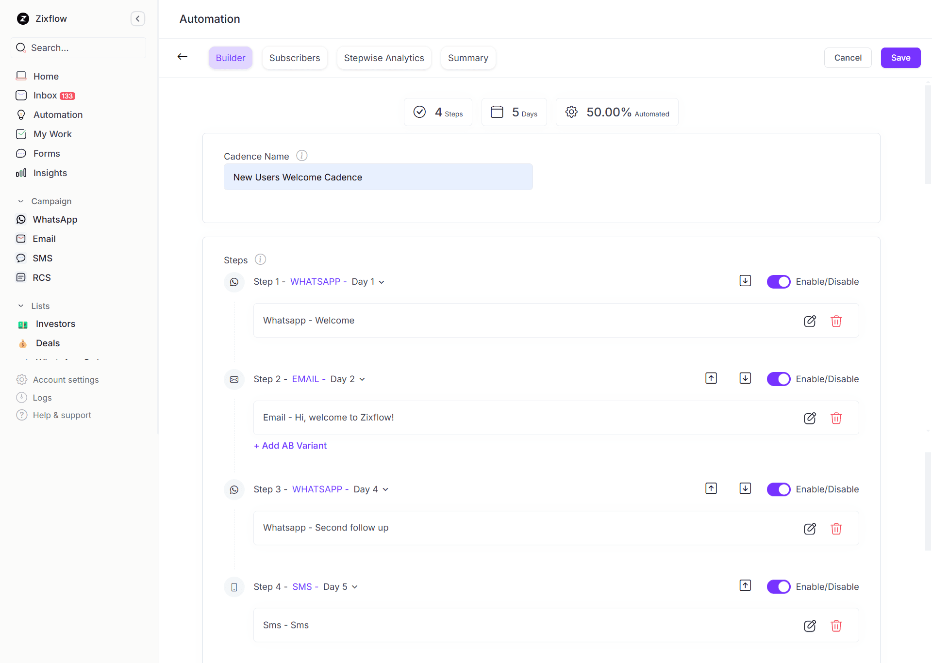 Zixflow’s sales cadence allows you to send automated follow-ups.