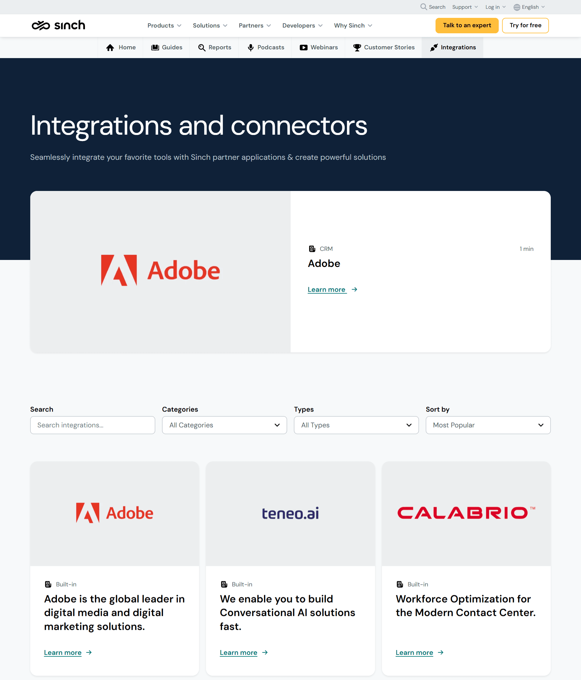 Sinch’s list of integrations.