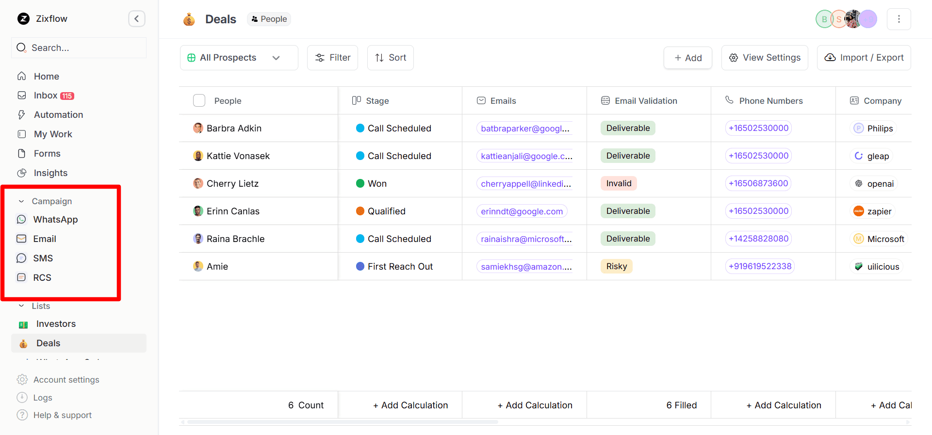 The Campaign section within Zixflow, from where you can access all the channels.