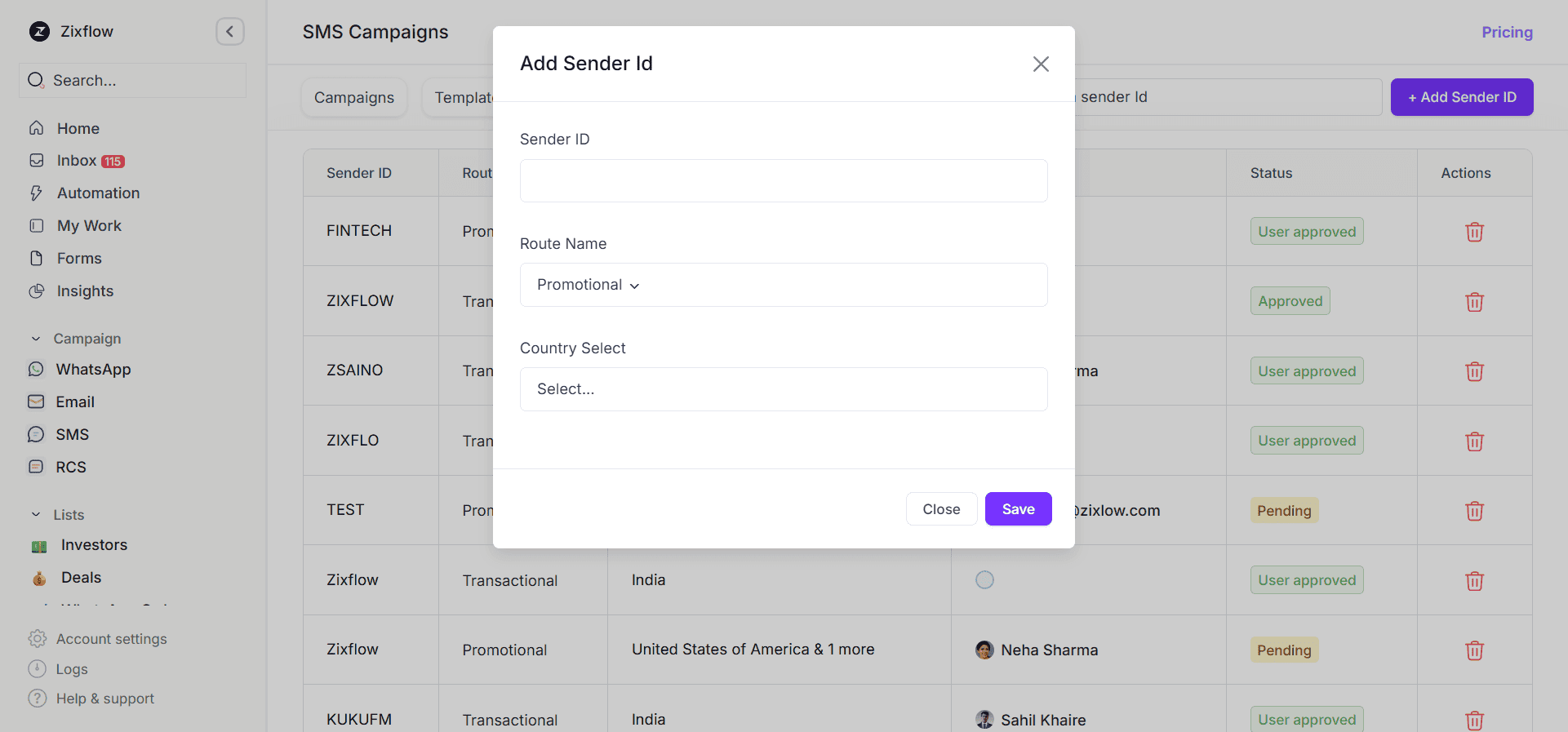 Set up the SMS channel by entering your Sender ID in Zixflow.