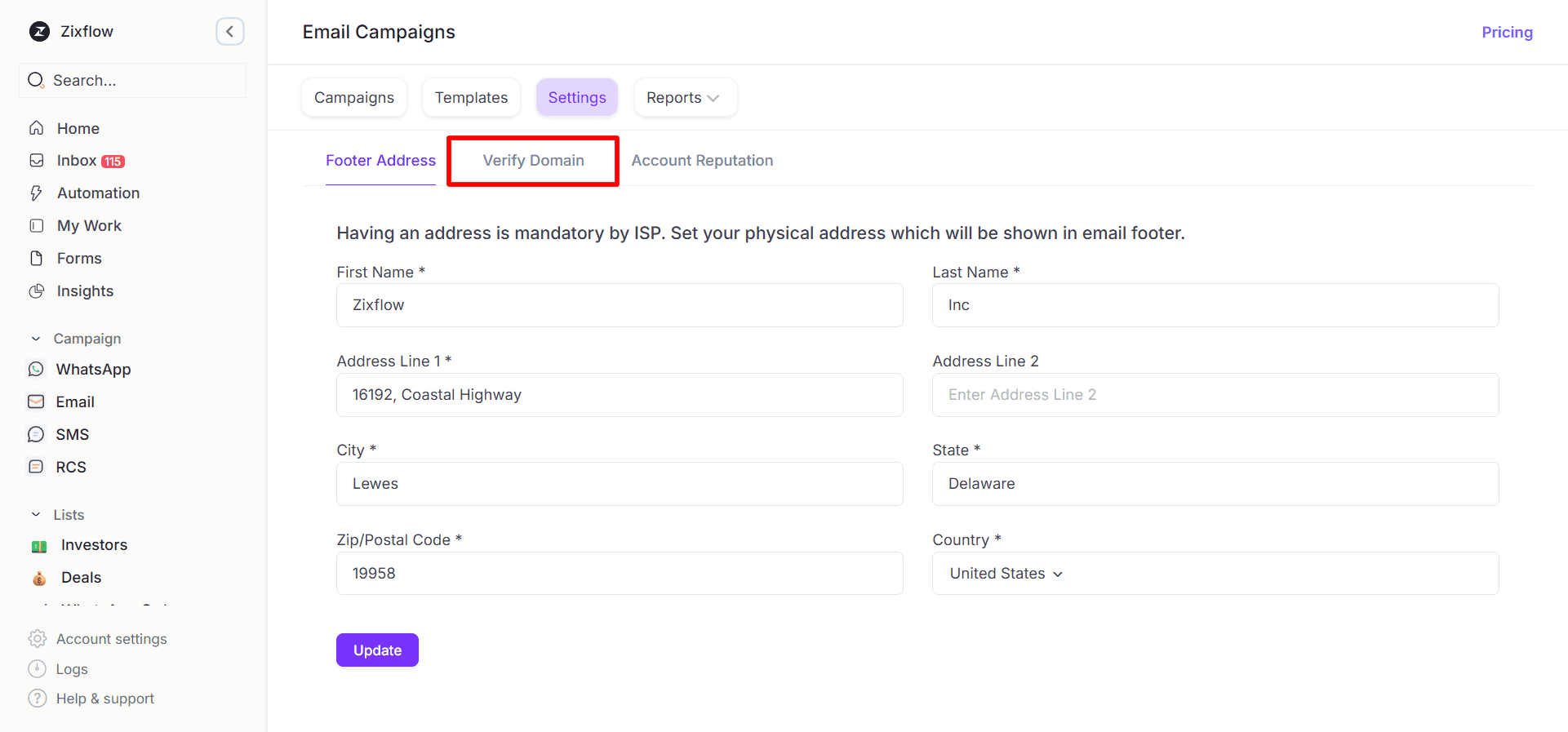 Set up your emails by filling in the footer details about your business.