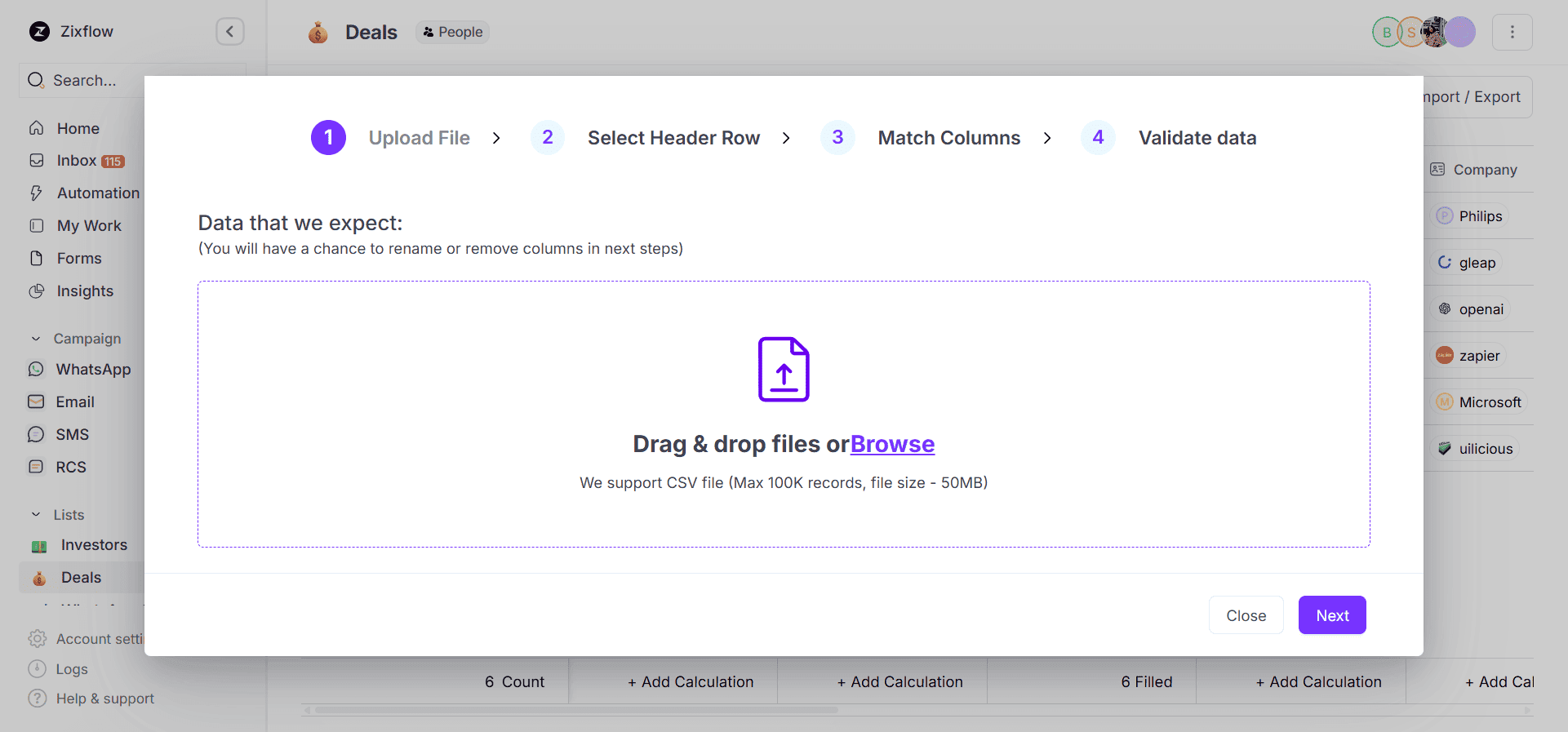 The bulk import function to effectively import contact data into Zixflow.