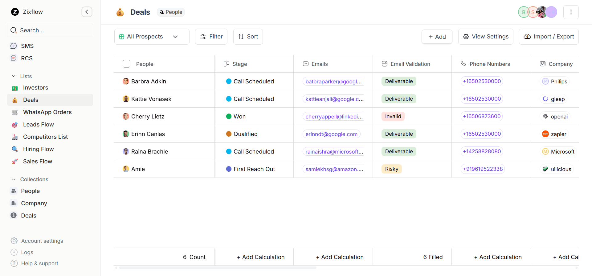 A list labeled Deals within Zixflow CRM.