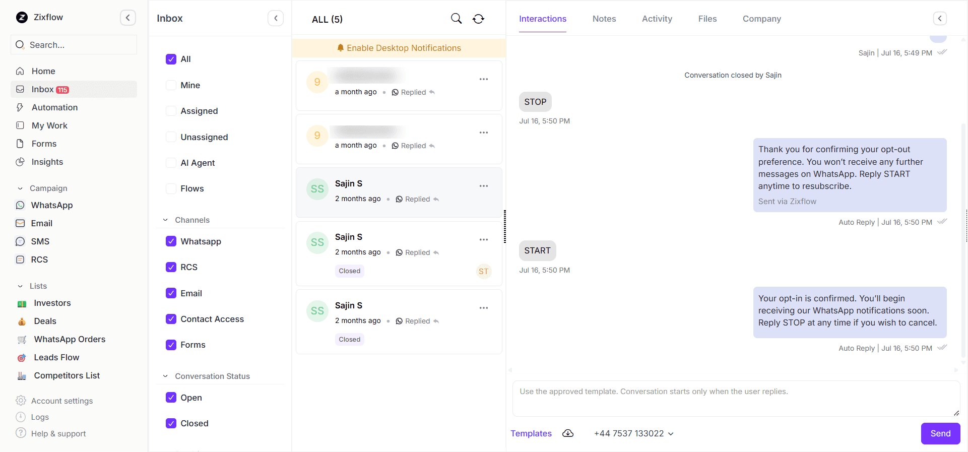 The shared inbox of Zixflow, where you can manage all the messages from various channels.