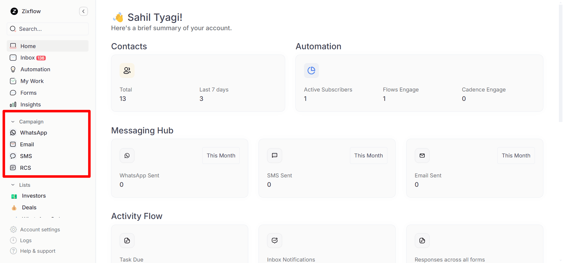 Various marketing channels supported by Zixflow.