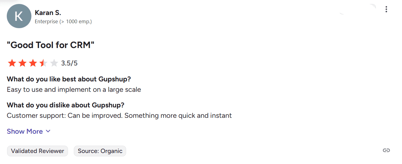 A G2 customer review for Gupshup.