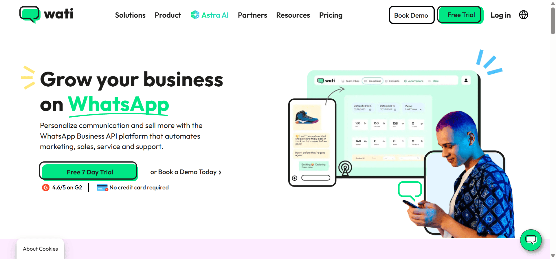 Homepage of Wati, a renowned WhatsApp marketing tool.