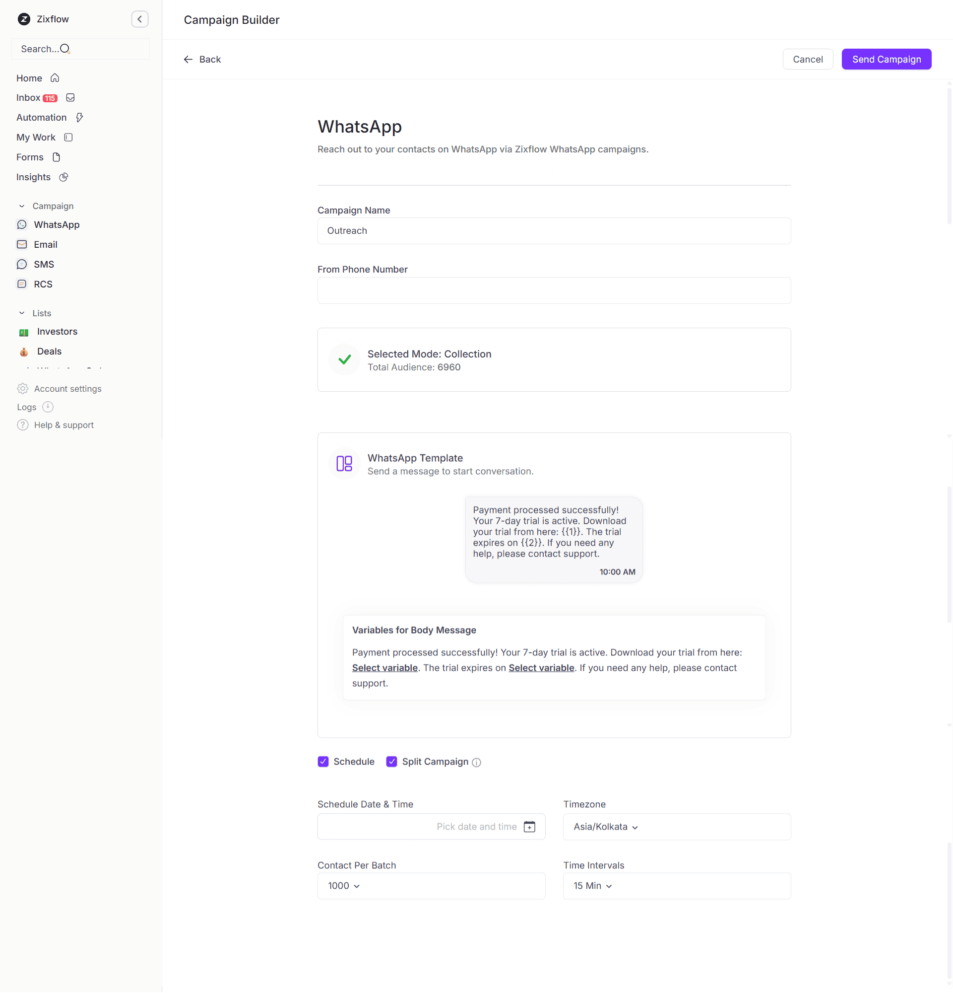 Zixflow's whatsapp campaign builder
