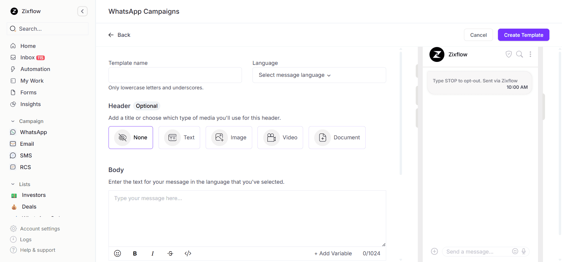 Zixflow's whatsapp template builder