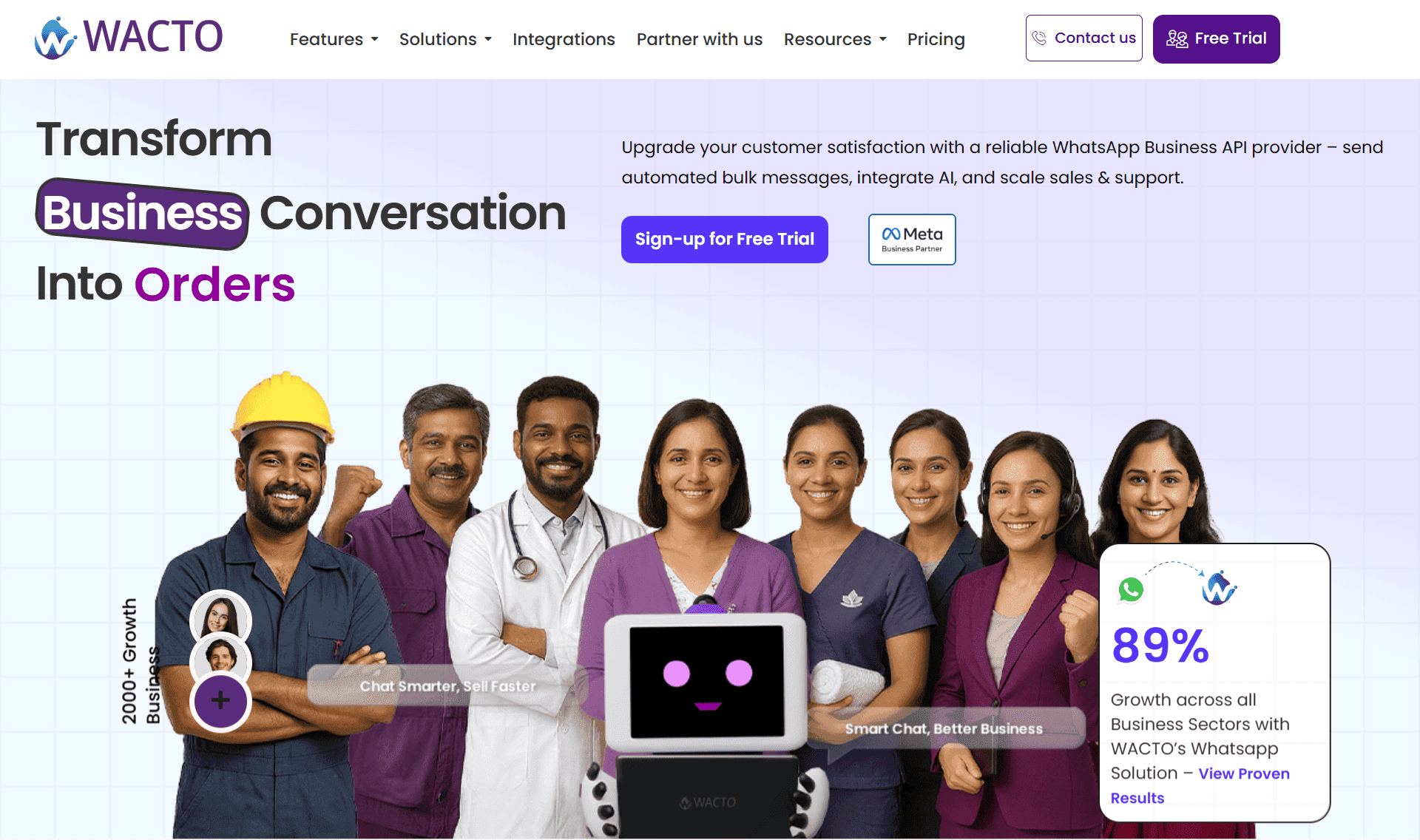 Homepage of WACTO, a WhatsApp-first Sprinklr alternative.