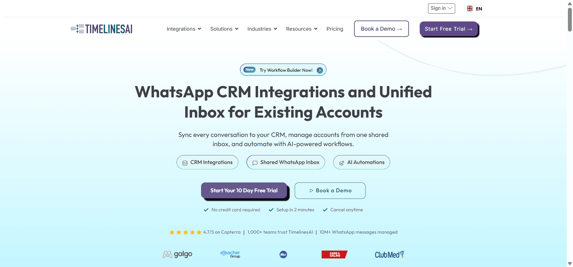 Homepage of TimelinesAI, a WhatsApp-based tool.