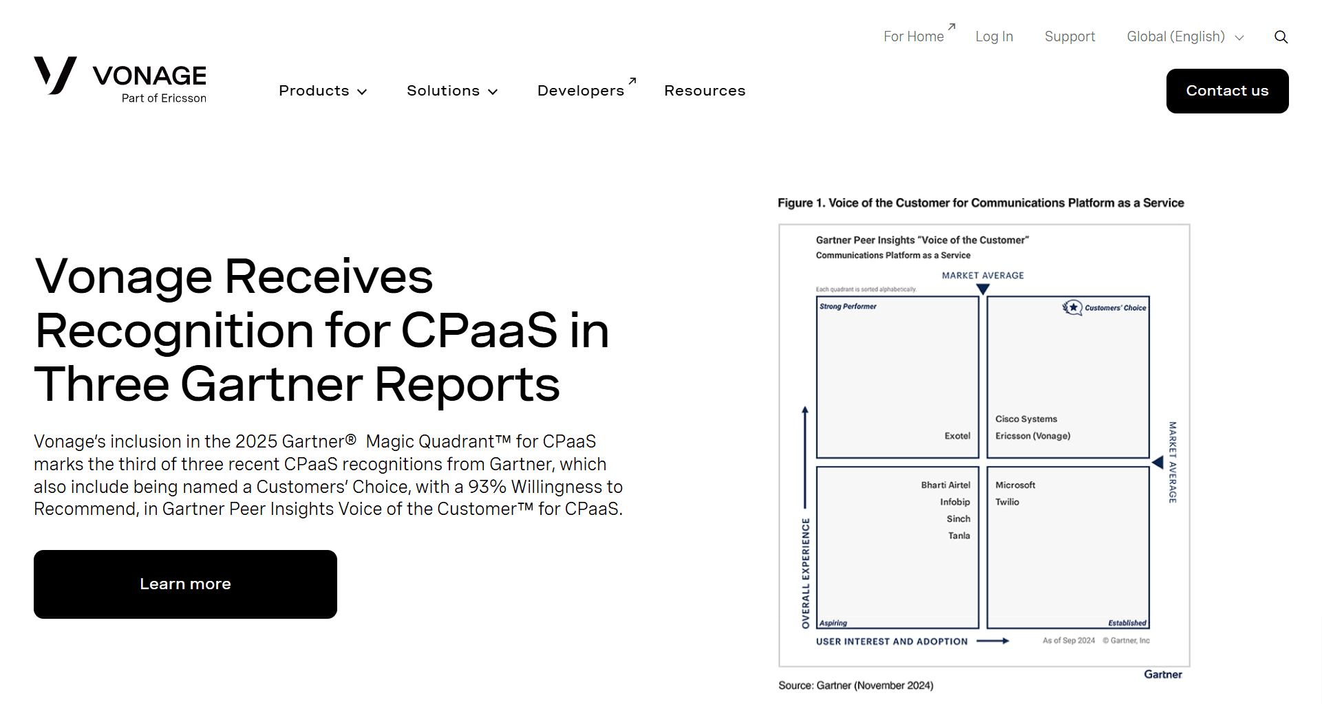 Homepage of Vonage, a customer engagement platform.