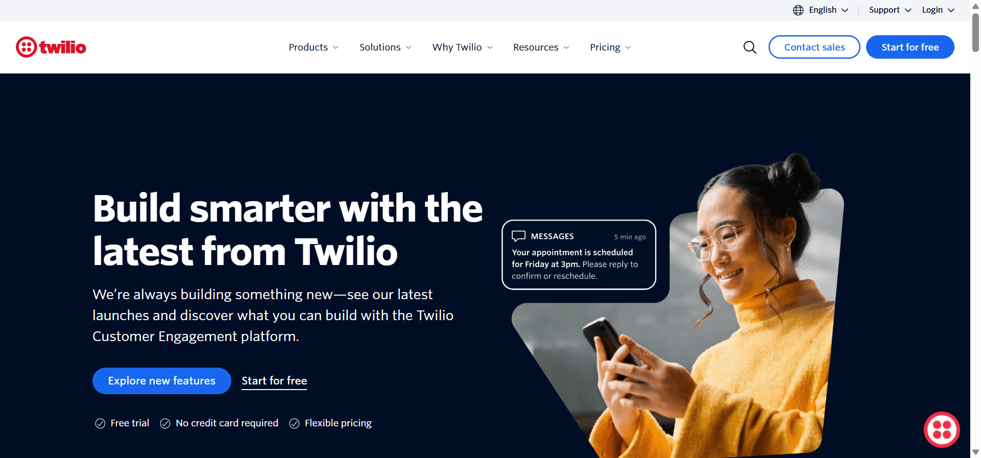 Homepage of Twilio, an API-based customer engagement platform.