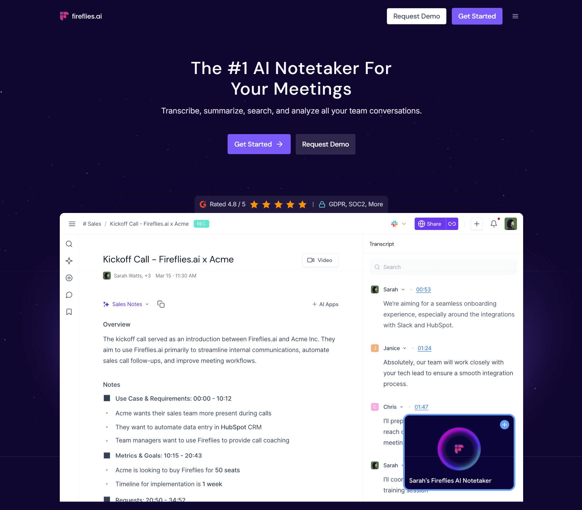 Fireflies.ai, an AI sales and meetings tool.