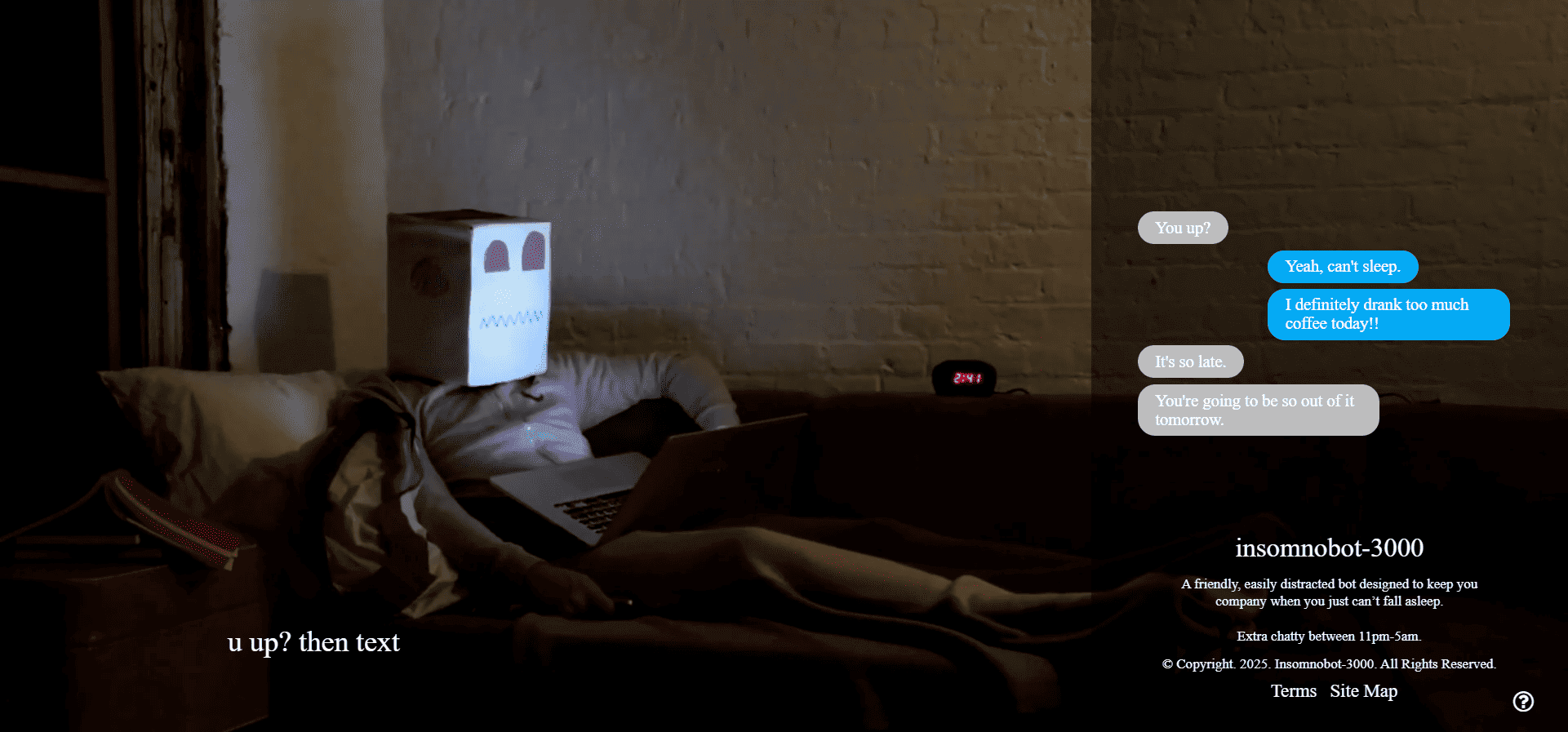 Homepage of Casper’s Insomnobot that interacts with users who can’t go to sleep. 