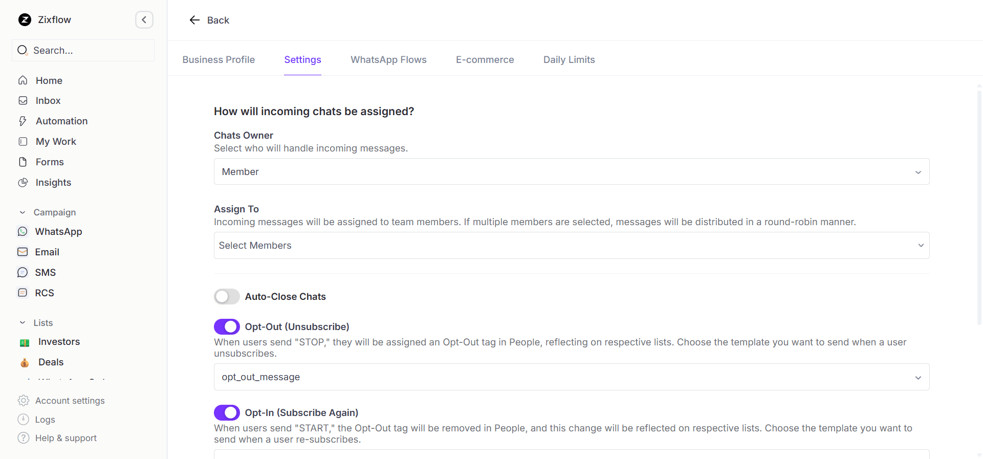 Incoming message auto-assign options in Zixflow.