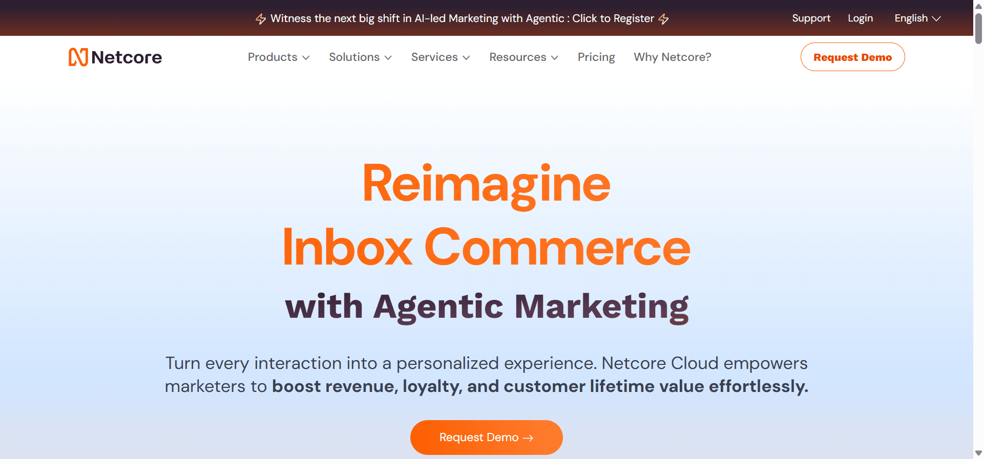 Homepage of Netcore, a customer engagement tool.