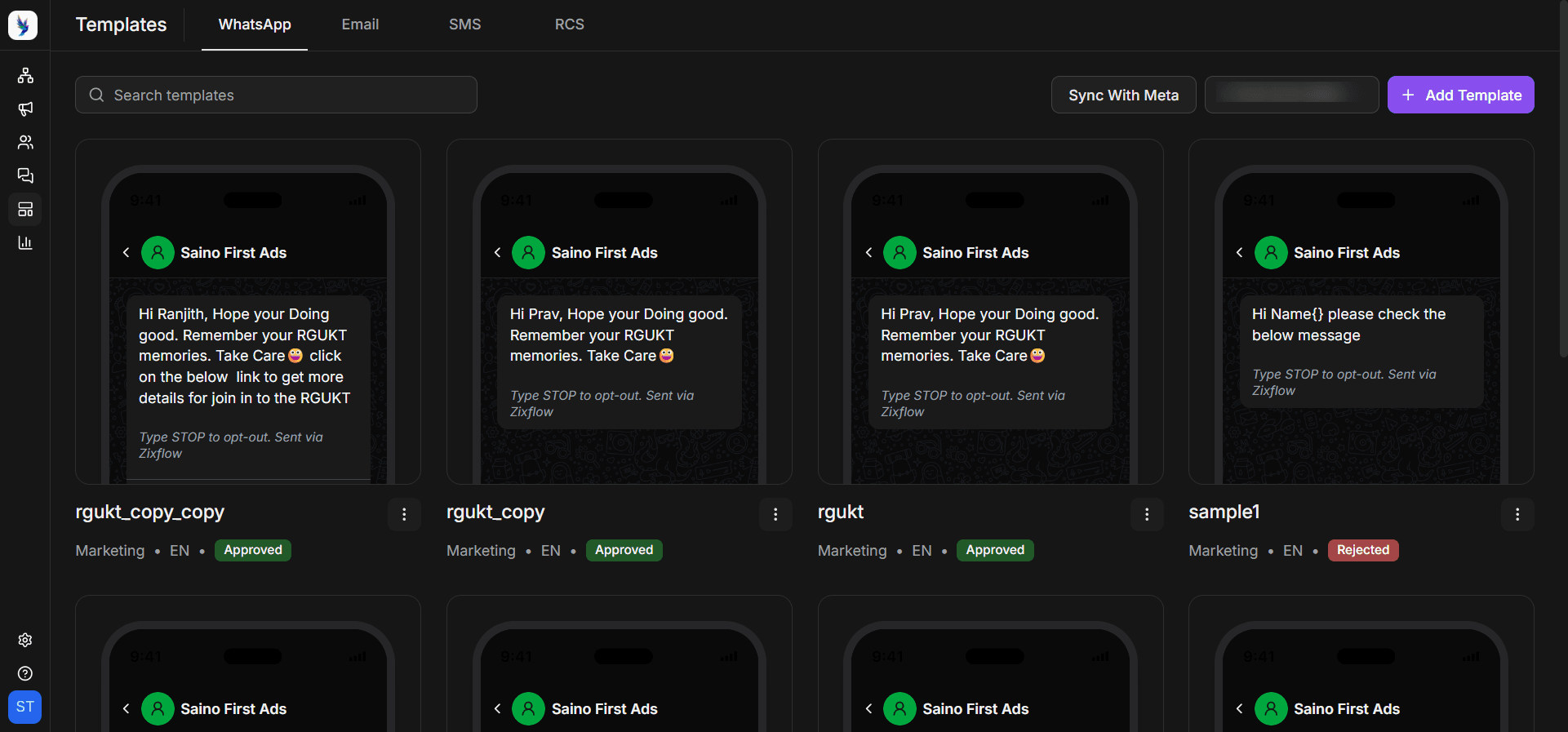 Saved WhatsApp templates within Zixflow.