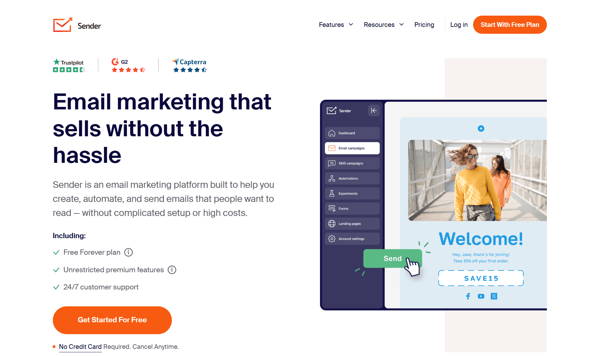 Homepage of Sender, a solid Brevo alternative for sending emails.
