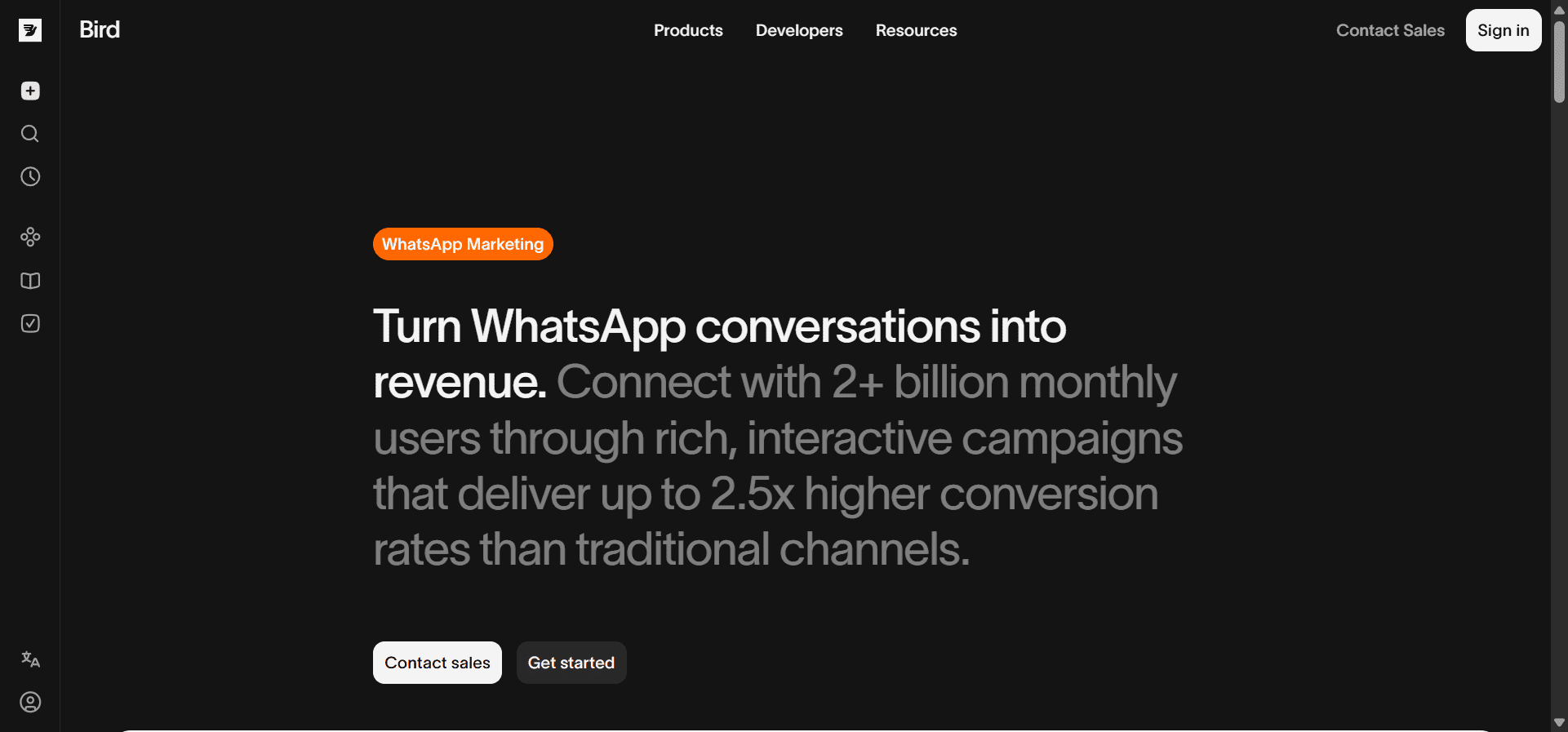Homepage of Bird, an official WhatsApp API provider.