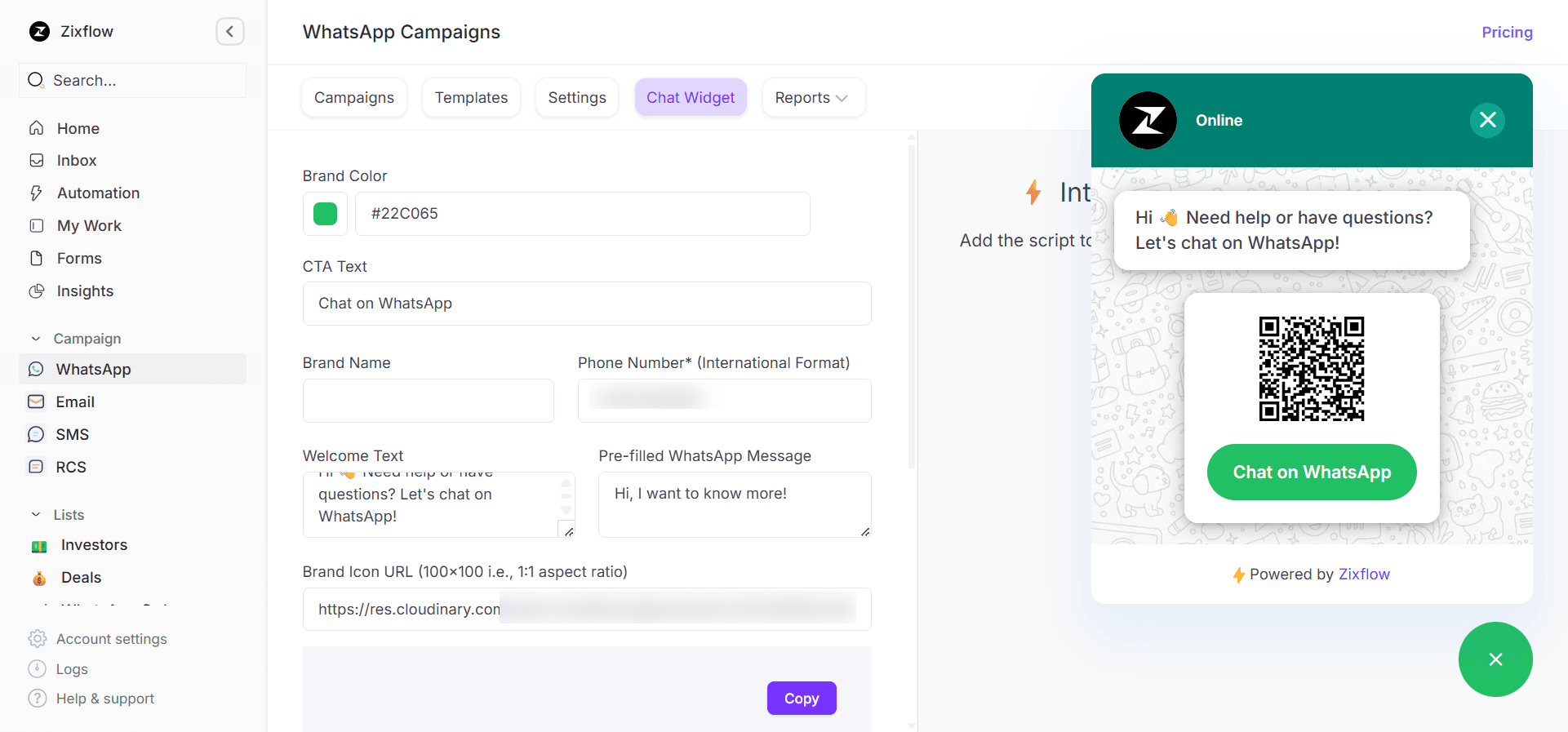 WhatsApp chat widget builder of Zixflow, lets you build a custom chat widget that matches your business.