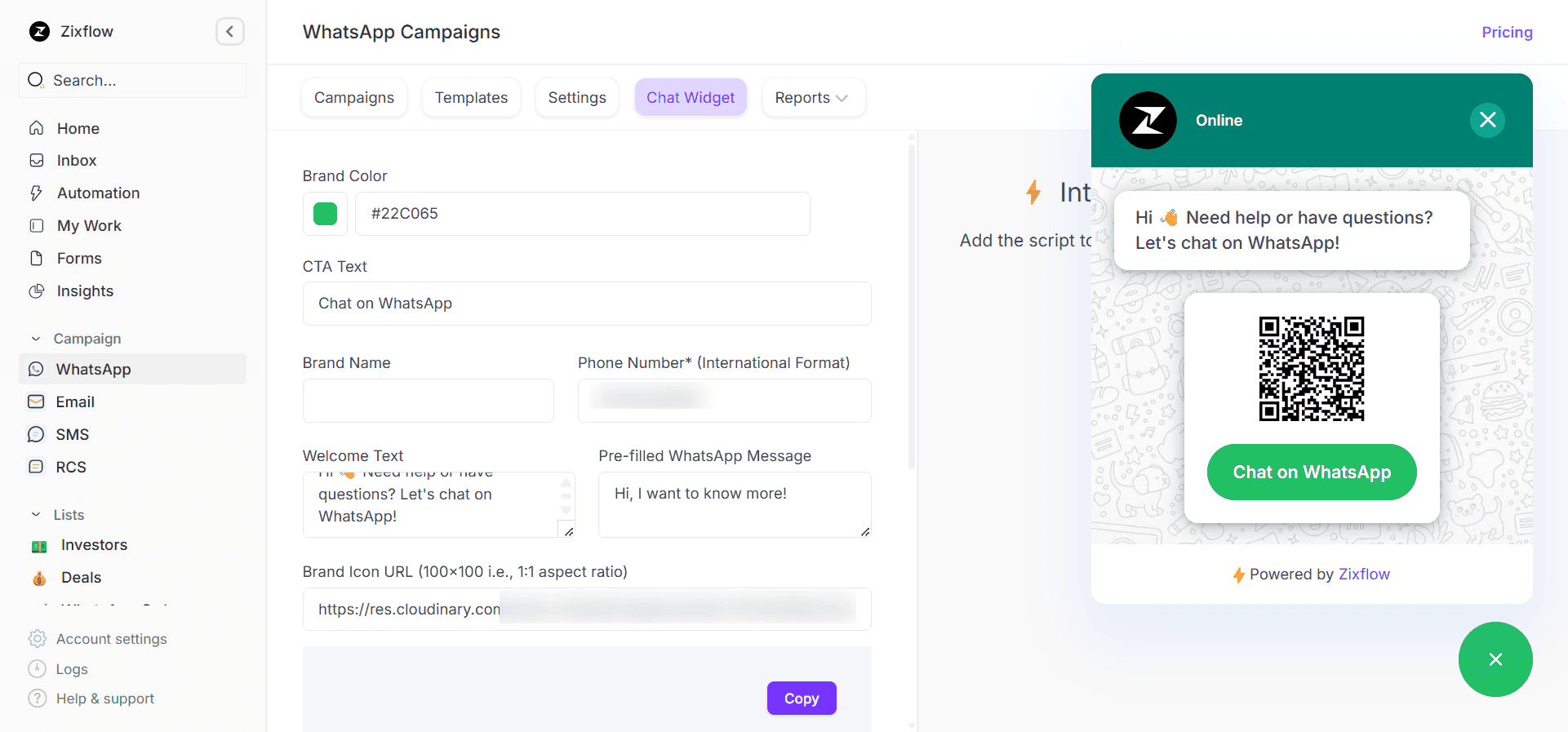 WhatsApp chat widget builder of Zixflow.