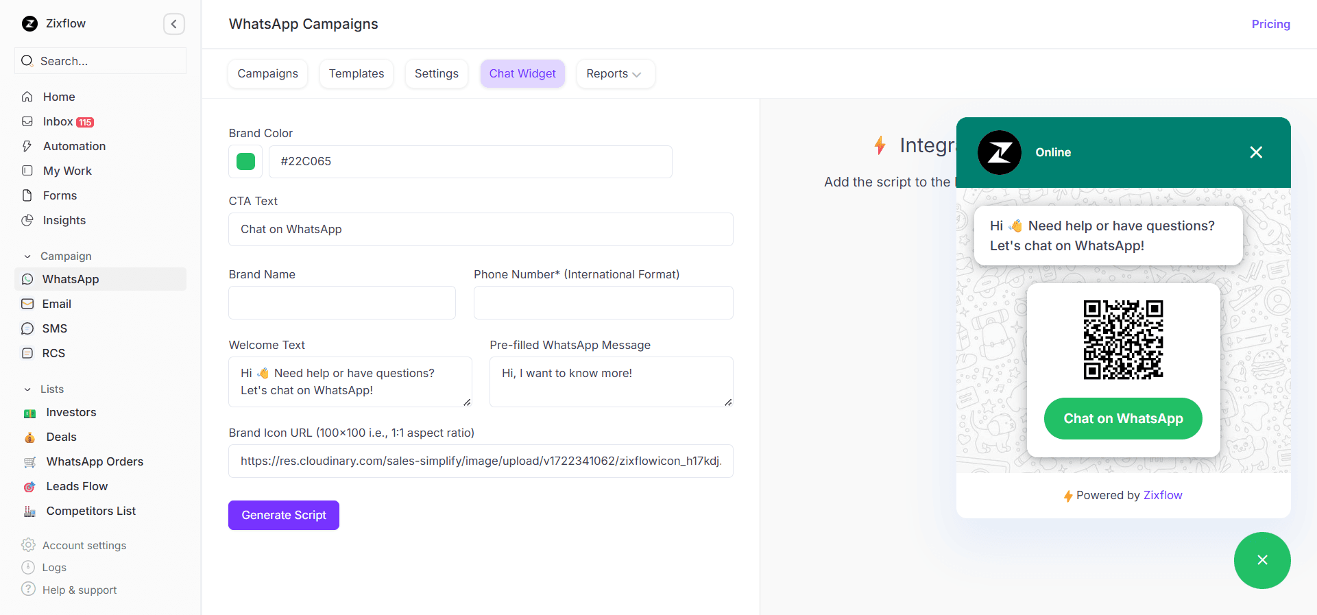 WhatsApp chat widget editor offered by Zixflow.