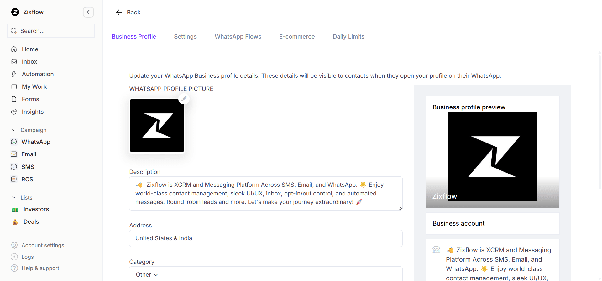 Zixflow’s WhatsApp settings screen where you can manage your WhatsApp Business description.