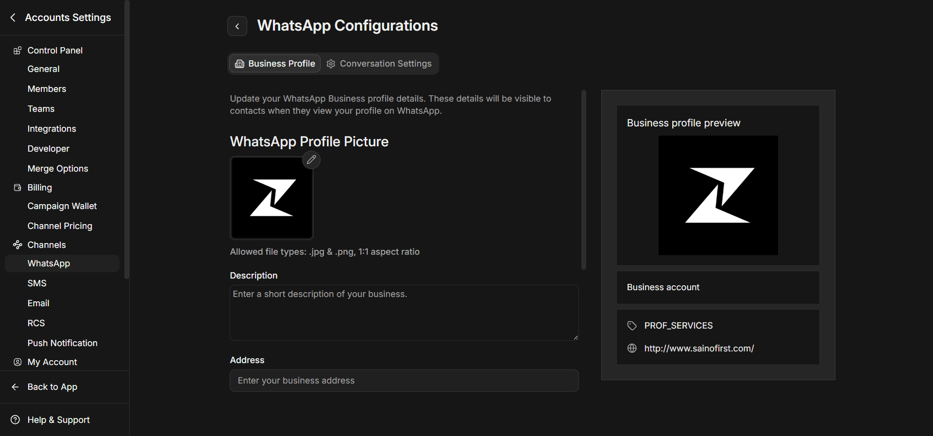WhatsApp Business Profile in Zixflow.