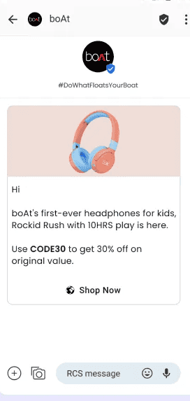 boAT’s RCS marketing message promoting its headphone with a discount code for a quick sale. 