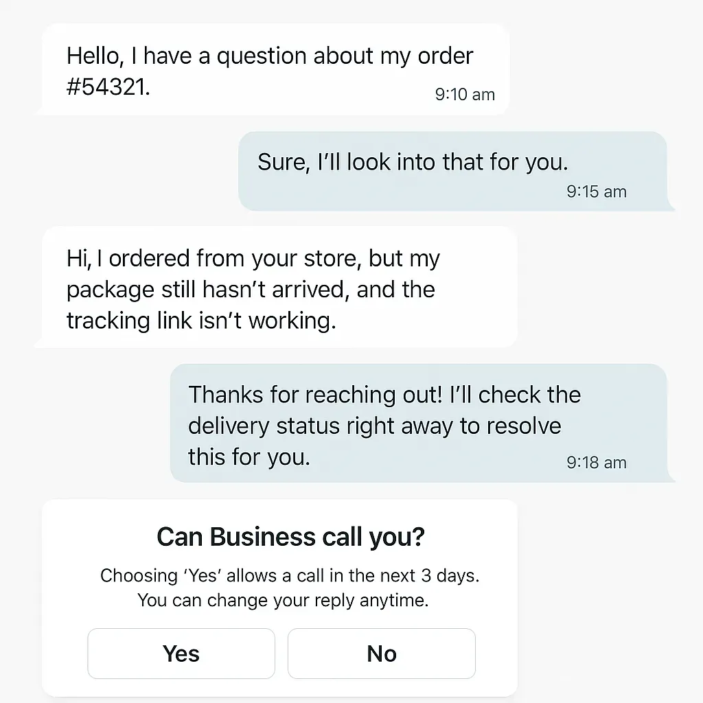 An example of a permission request sent to a customer using WhatsApp Business Calling API.